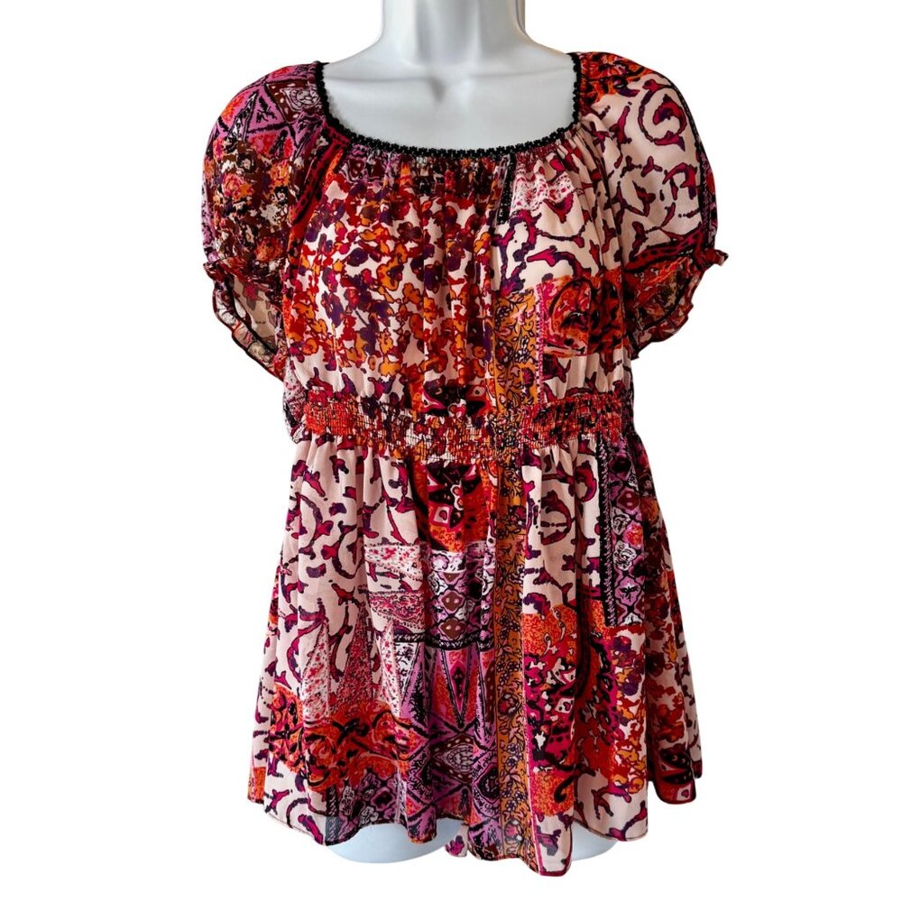 Belissimo Boho Floral Print On or Off-Shoulder Top Elastic Waist Women's Medium